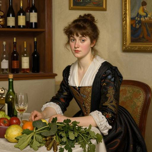 Victorian-era woman in black lace dress with white collar, sitting at table with wine bottles, glasses, fruit, and parsley. Warm, ornate