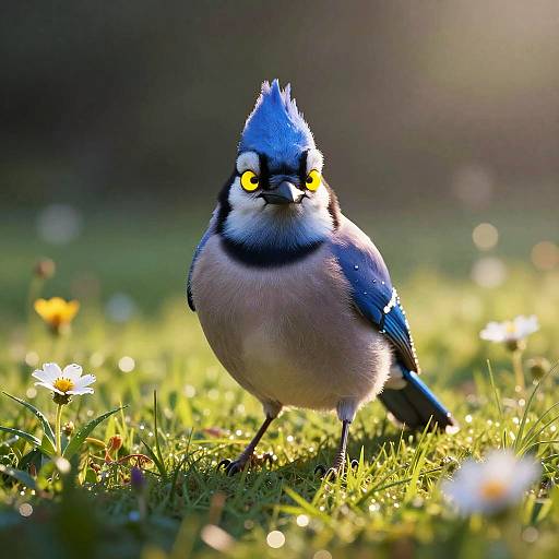 Photograph of a vibrant blue jay with striking yellow eyes, standing on sunlit grass amidst white daisies, with a blurred, bokeh