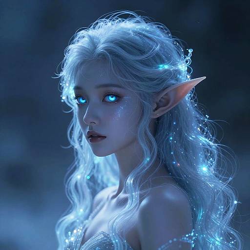 Digital fantasy artwork of a glowing, ethereal blue-haired elf woman with luminescent eyes, pointed ears, and flowing hair, surrounded by sparkling lights