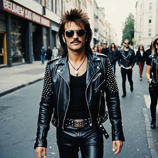 Photograph of a confident, muscular man with spiky hair, black leather jacket, sunglasses, and studded belt, walking down a city street with