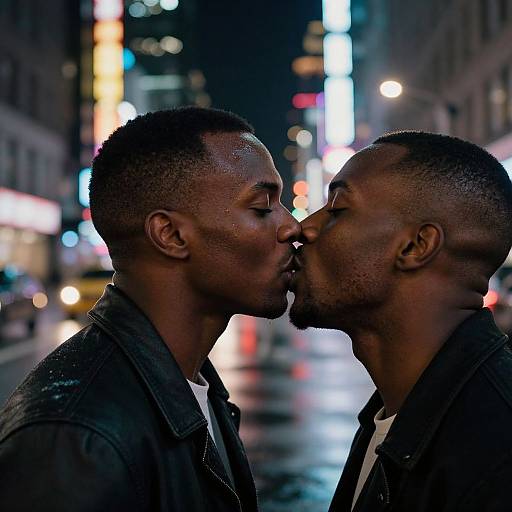 Photograph of two Black men kissing passionately on a rainy, neon-lit city street at night, wearing dark jackets, with blurred colorful lights in the