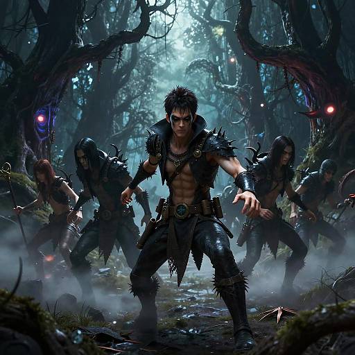 Digital fantasy artwork: Muscular, dark-haired warrior with spiked armor and exposed abs stands defiantly in a misty, eerie forest, surrounded by shadow