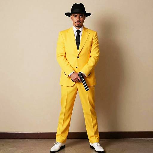 Confident Man in Yellow Suit with Gun