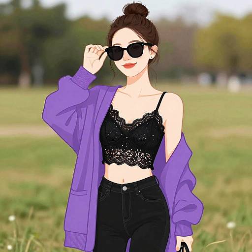 Digital drawing of a stylish woman with fair skin, dark brown hair in a bun, wearing black lace top, high-waisted black jeans, purple