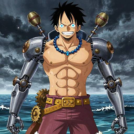 Anime-style illustration of a muscular, shirtless man with black spiky hair, blue glowing eyes, and cybernetic arms, wearing maroon pants