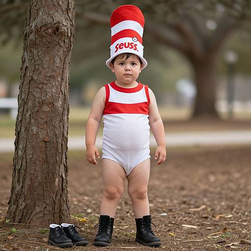 Photograph of a chubby toddler in a red-and-white striped onesie, white diaper, black boots, and a red-and-white Santa hat, standing