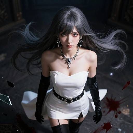 Dark Fantasy Woman with Grey Hair and Blood Splatter