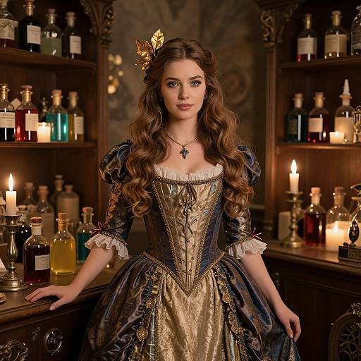 Photograph of a young woman with long, wavy brown hair, wearing an ornate, gold and blue Victorian-style dress, standing in a dim