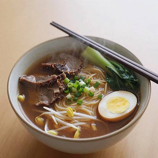 Photograph of a bowl of Japanese ramen with beef slices, green onions, egg, noodles, and chopsticks on a wooden table.