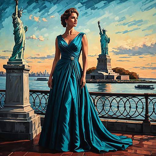 Elegant Woman in Evening Gown by Statue of Liberty