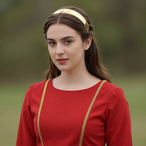 Photograph of a young woman with fair skin, brown hair, and a gold headband, wearing a red dress with gold trim, standing outdoors with