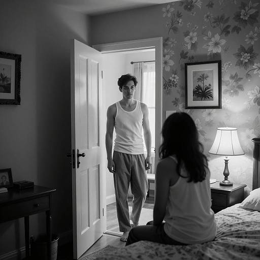Black and White Bedroom Scene with Couple