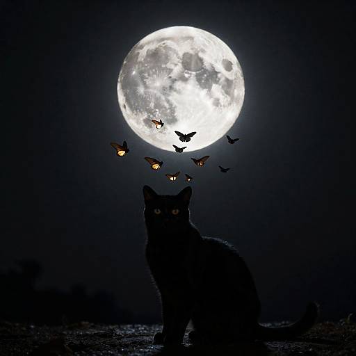 Black Cat Silhouette with Full Moon and Bioluminescent Moths