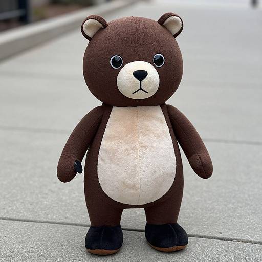 Photograph of a brown and white plush teddy bear with black eyes, black nose, and black feet, standing on a concrete sidewalk.