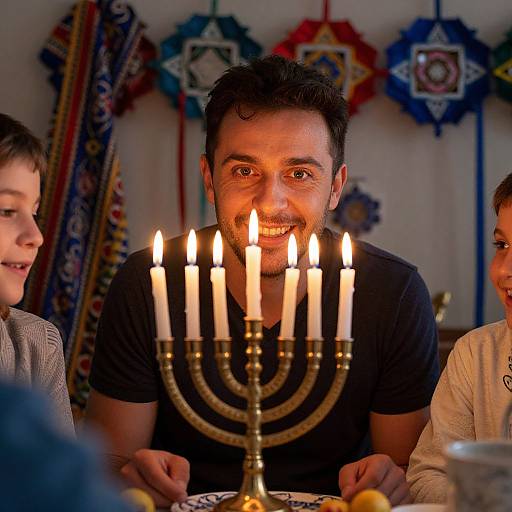 Photograph of a smiling man with dark hair and beard, wearing a black shirt, holding a lit menorah, surrounded by two children and colorful holiday