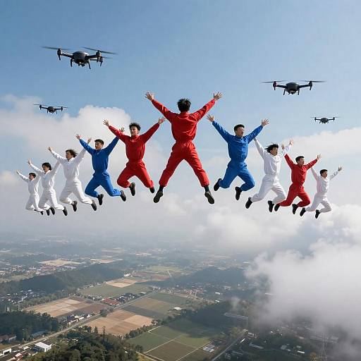Dynamic Skydivers Surrounded by Drones