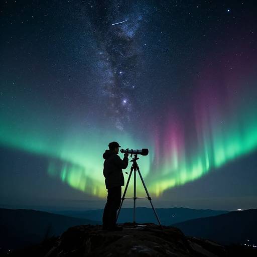 Silhouetted photographer with telescope against vibrant aurora borealis, starry night sky, Milky Way, and shooting star. Stunning, colorful,
