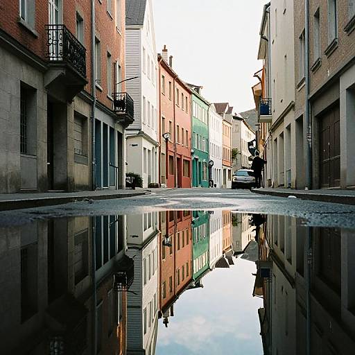 Photograph of a narrow European street with colorful buildings, reflected in a large puddle on the cobblestone ground. Bright sky above.