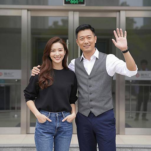 Smiling Couple Waving Outside Modern Building