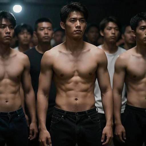 Dim Crowd Spotlight on Shirtless Man