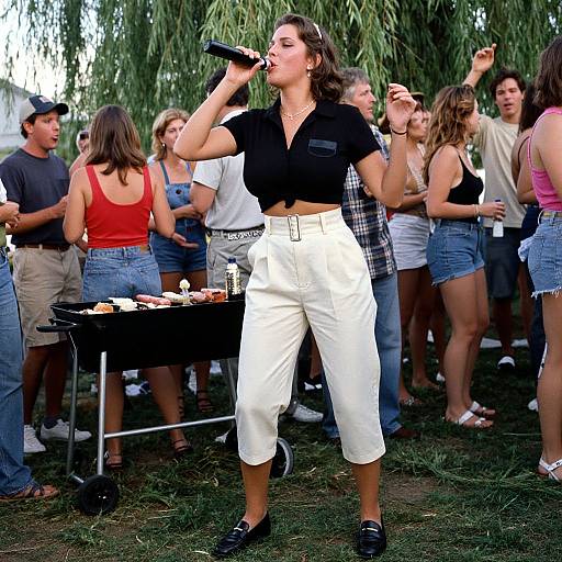 Photograph of a woman with brown hair singing into a microphone at an outdoor barbecue, wearing a black top and white capri pants, surrounded by casually
