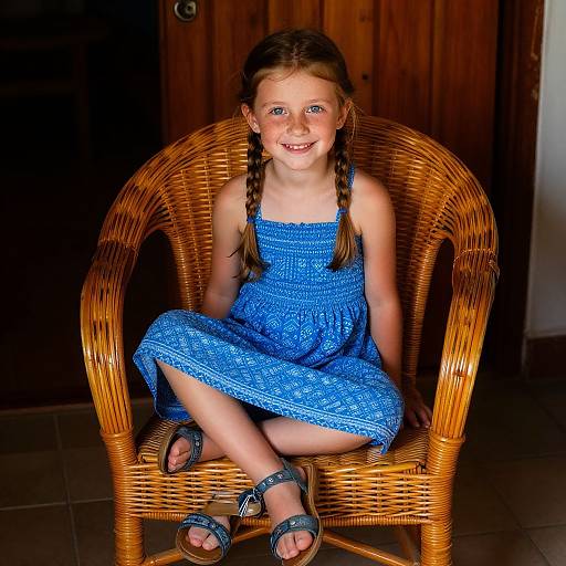 Photograph of a smiling young girl with braided hair, wearing a blue patterned dress and sandals, seated on a wicker chair. Wooden door