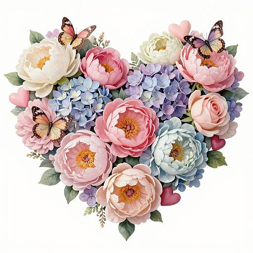 Digital artwork of vibrant pink, white, and blue flowers with yellow centers, surrounded by purple hydrangeas and adorned with orange and black butterflies on a