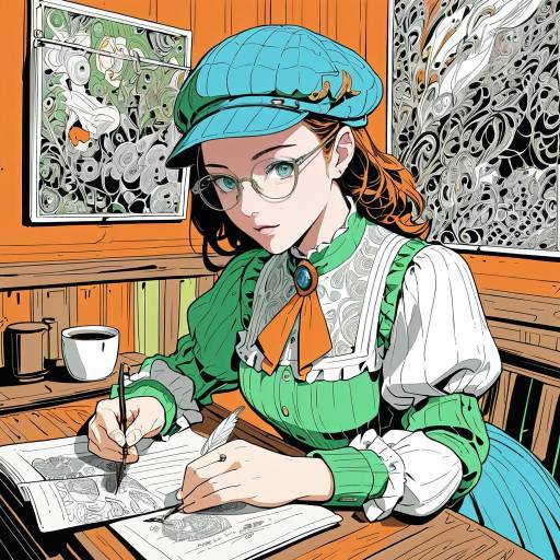Intricate Manga-Style Woman Writing