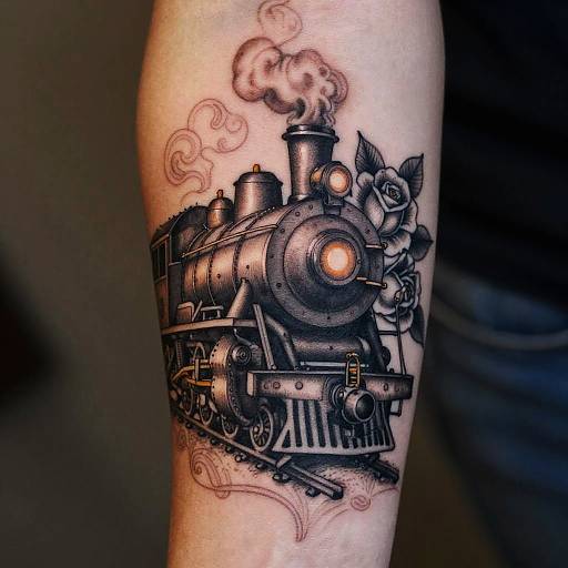 Black and gray tattoo of a steam locomotive with smoke and a rose on a human forearm, detailed with shading.