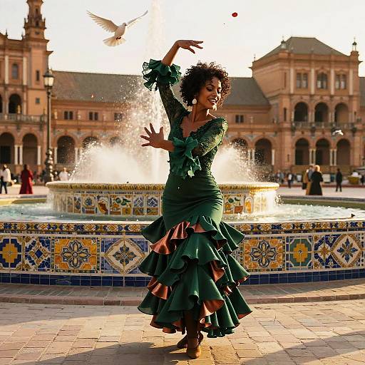 Photograph of a dark-skinned, curly-haired woman in a green ruffled dress dancing beside a tiled fountain in a sunlit plaza, with a