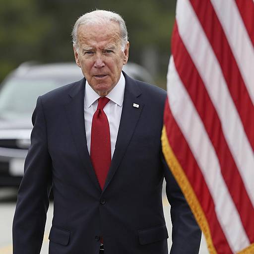 Older Man in Suit Standing Outdoors with American Flag
