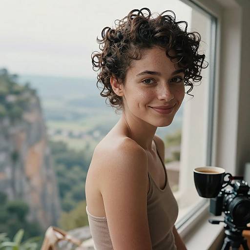 Photograph of a smiling young woman with curly brown hair, fair skin, and wearing a beige tank top, standing by a window with a mountainous