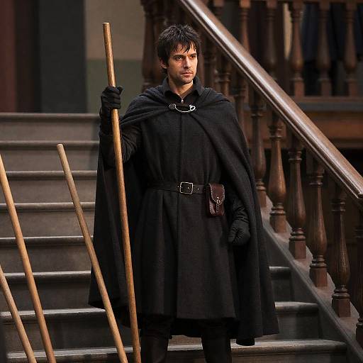 Mysterious Man with Wooden Pole on Stairs