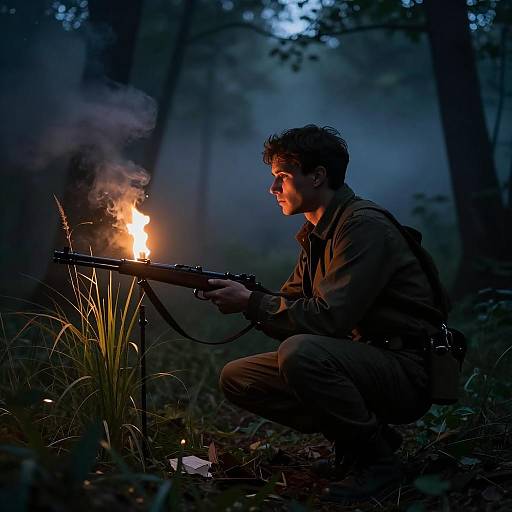 Man Firing Rifle in Forest at Night