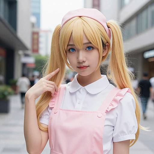 Photograph of a young Asian woman with blue eyes, long blonde pigtails, wearing a pink nurse outfit, white shirt, and pink nurse cap
