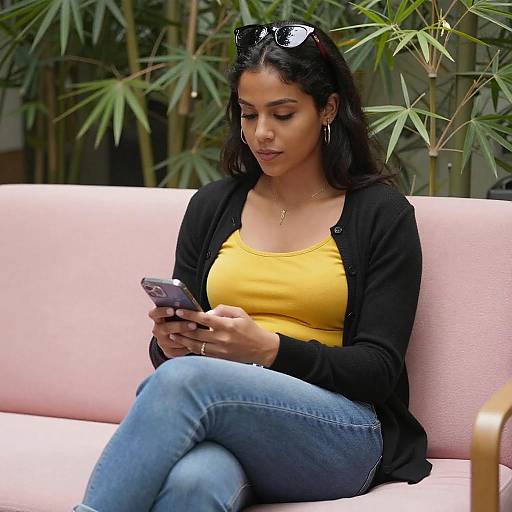 Young Woman on Pink Couch with Bamboo