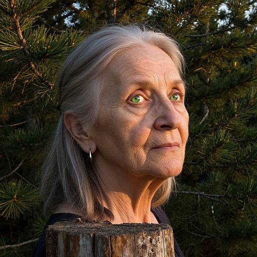 Photograph of an elderly woman with silver hair, green eyes, and fair skin, wearing a black top, standing against a pine tree background.