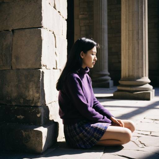 Contemplative Woman Sitting by Stone Pillar