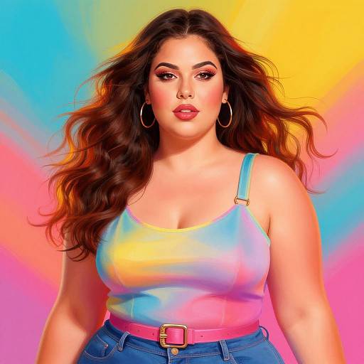 Photograph of a curvy, Latina woman with long, wavy brown hair, wearing a tie-dye tank top, blue jeans, pink belt