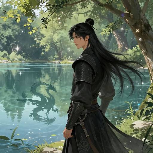 Digital artwork of a long-haired, black-clad warrior with a topknot, standing by a serene, sunlit forest pond, gazing at