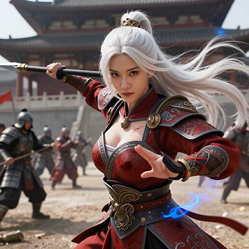Digital artwork of an intense, white-haired Asian warrior woman in red armor, wielding a sword, surrounded by armored enemies in a traditional Chinese courtyard. Blue