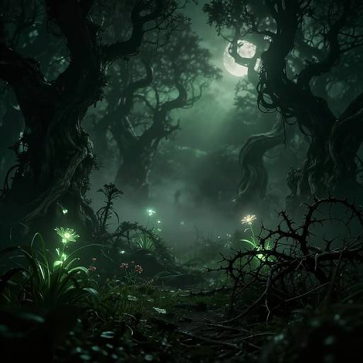 Mysterious, moonlit forest with twisted trees, glowing fireflies, and luminous green plants. A crescent moon shines through the dense, dark