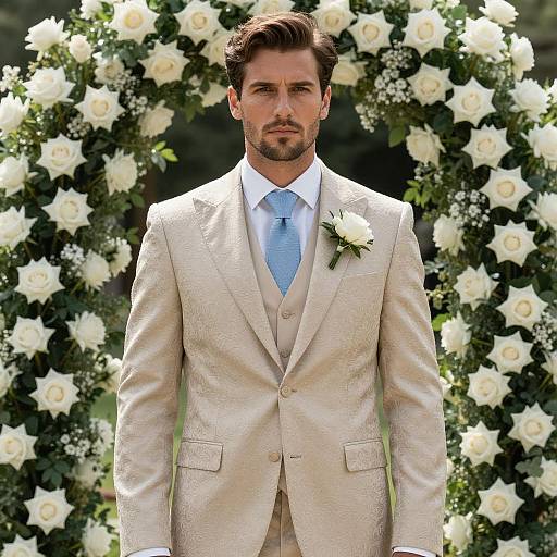 Modern Groom in Beige Suit with Floral Arch