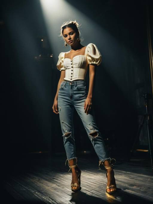 Fashionable Woman in White Bustier and Distressed Jeans