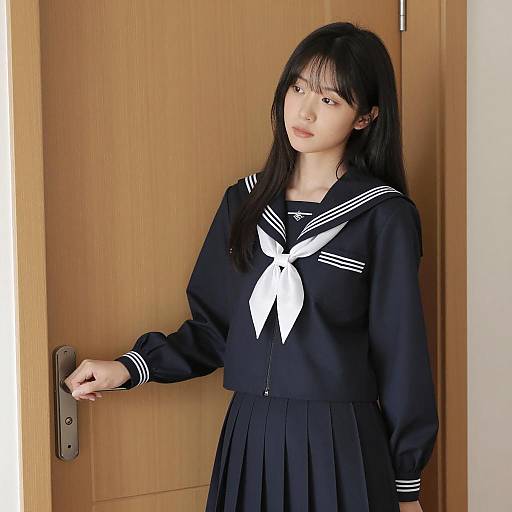 Asian Woman in Navy Blue Sailor School Uniform