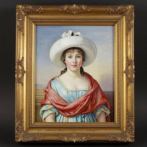 Portrait of a young woman in a blue dress with a red shawl, white hat, framed in an ornate gold frame.