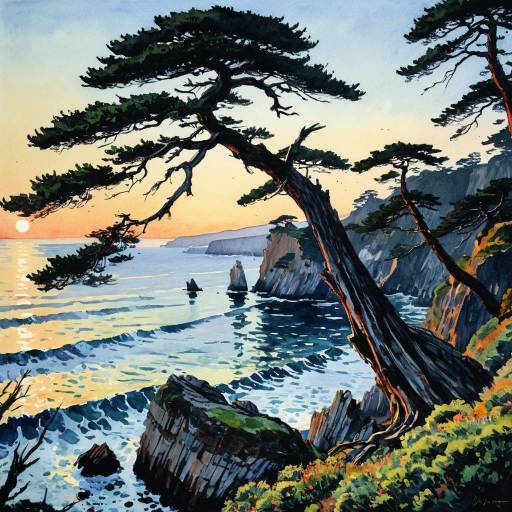 Watercolor of Ancient Cypress on Japanese Cliffs at Dawn