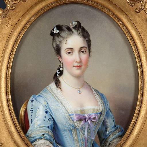 18th-century portrait of a young woman with fair skin, dark hair in a bun, wearing a blue dress with lace, lavender ribbon, and pearl