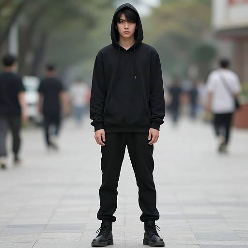 Photograph of an Asian man standing in a blurred urban street, wearing a black hooded sweatshirt, black pants, and black boots.