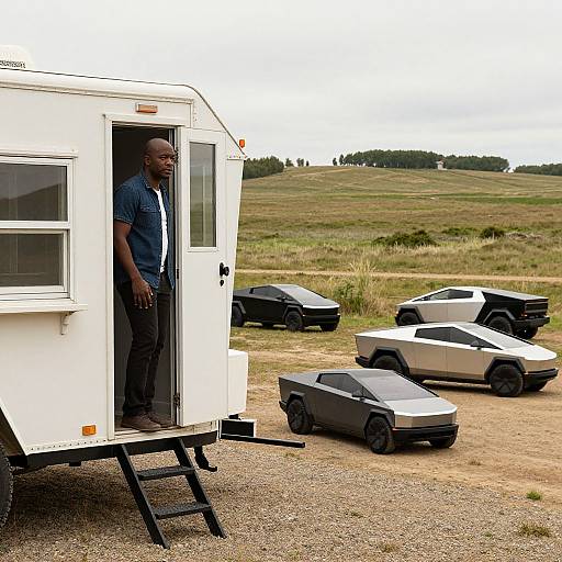 Man Standing in Trailer Doorway with Futuristic Cars Outside